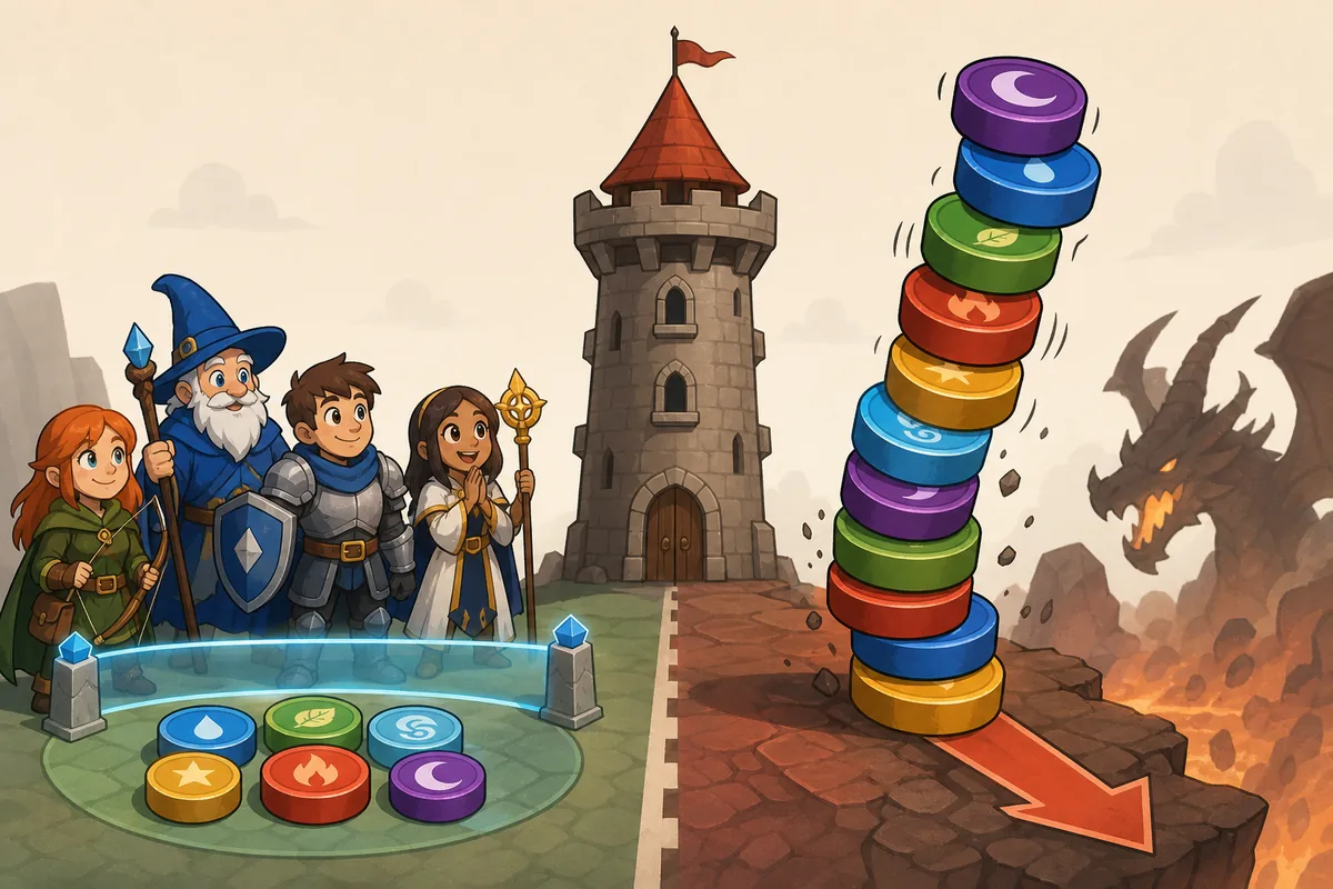 Illustration comparative d’une réserve de jetons protégée face à une pile Dragon Tower trop risquée