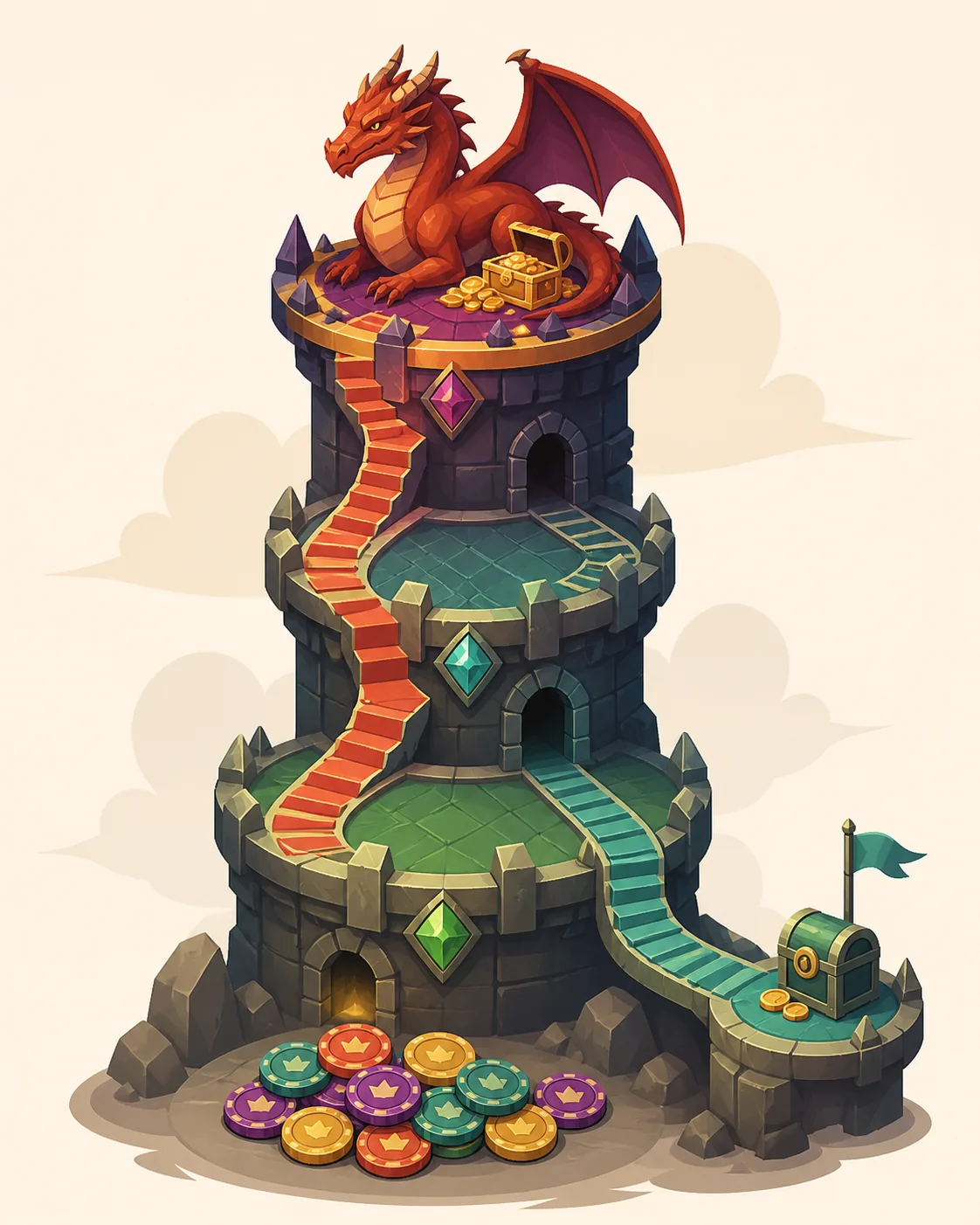 Illustration éditoriale d’une montée Dragon Tower avec un chemin sûr et un chemin plus risqué
