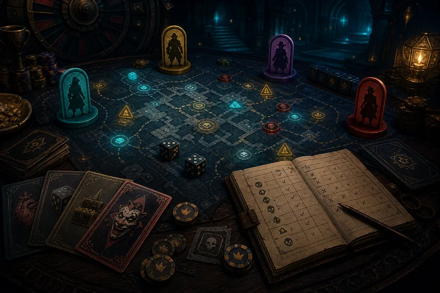 Arte principal de la wiki de Apuesta con tus Amigos con un tablero de guía de mazmorra de casino cooperativa