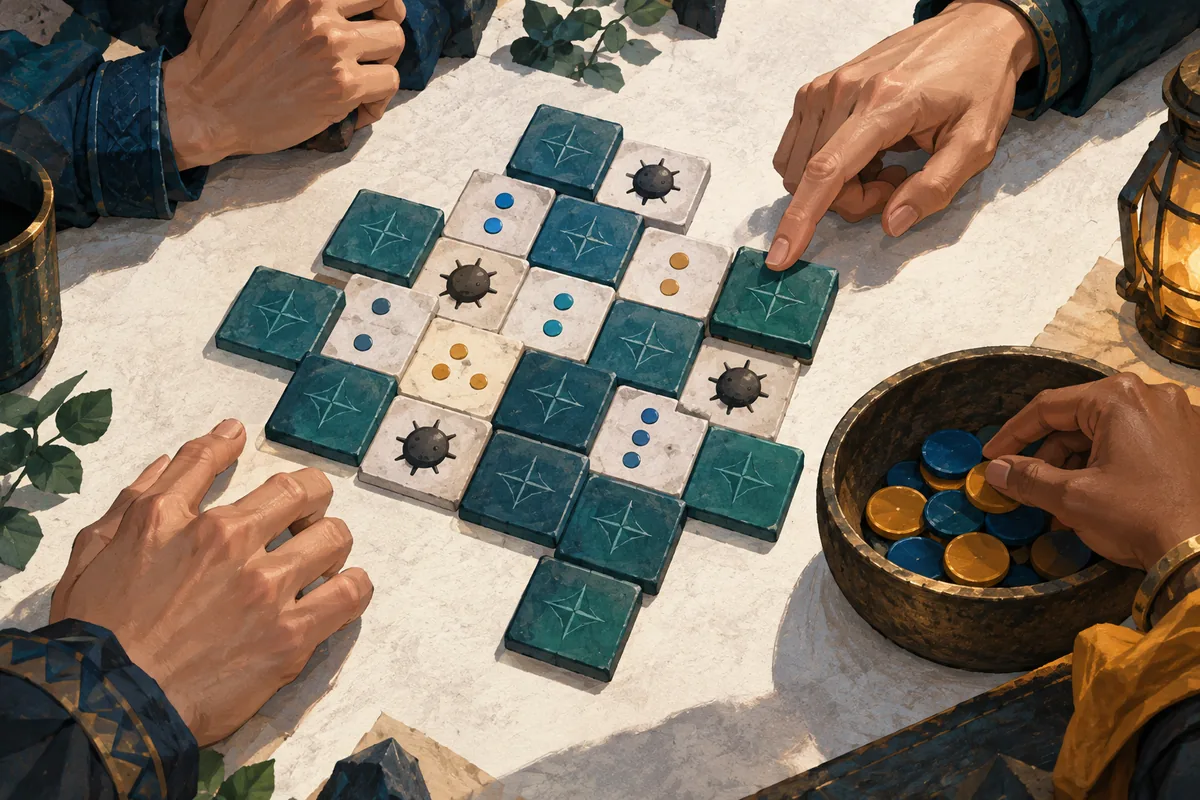 Illustrazione concettuale di una griglia ispirata a Minesweeper accanto a un indicatore di rischio; non è una schermata del gioco